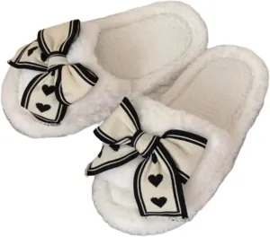 Bow Slippers for Women Indoor Open Toe Plush Bow Tie Slides House Shoes Soft Non-Slip Sole Slip On Slippers with Bows Winter Warm Home Cotton Slippers Bedroom Slippers Outdoor Wear