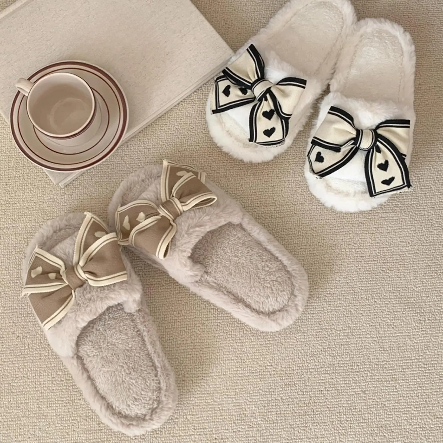 Bow Slippers for Women Indoor Open Toe Plush Bow Tie Slides House Shoes Soft Non-Slip Sole Slip On Slippers with Bows Winter Warm Home Cotton Slippers Bedroom Slippers Outdoor Wear