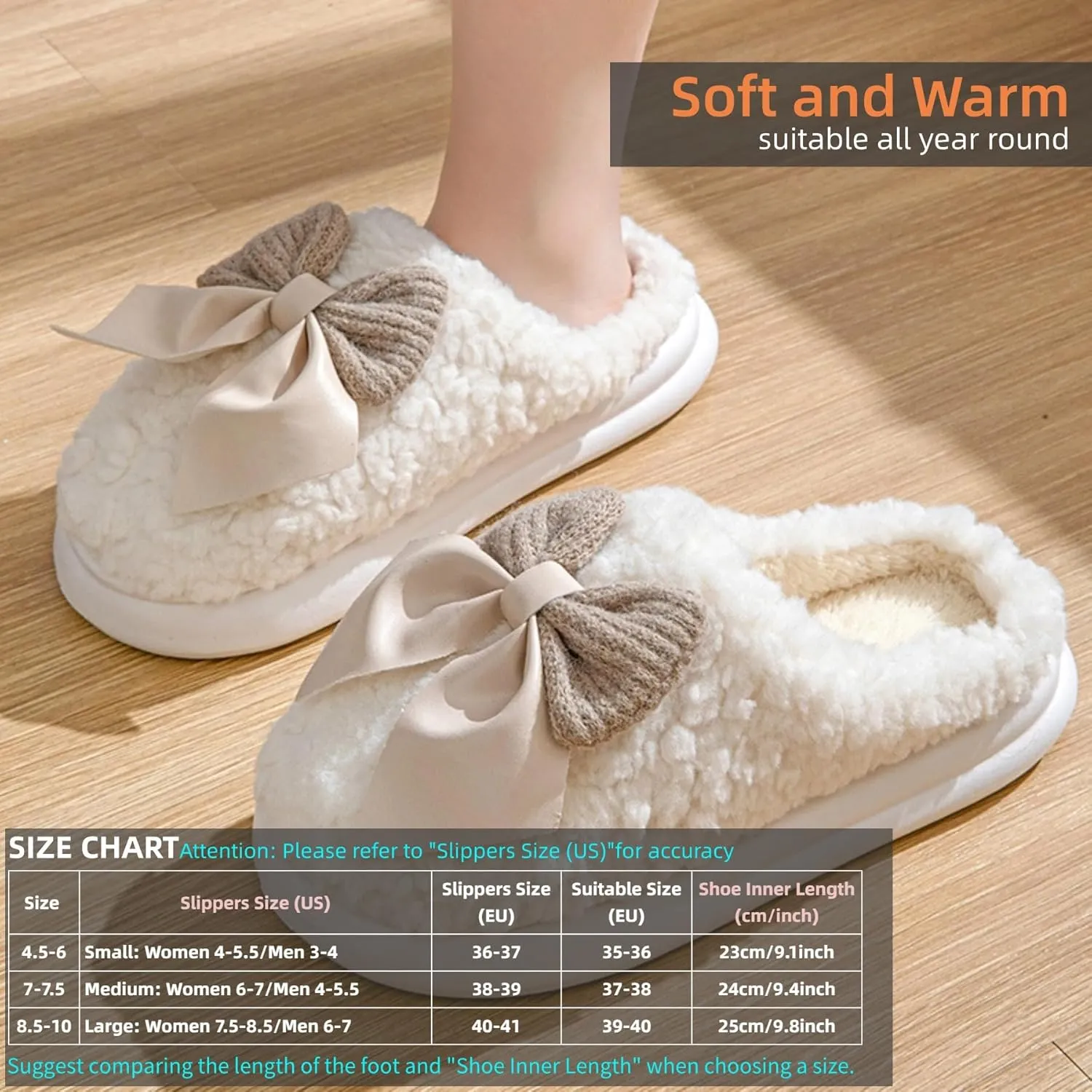 Bow Slippers Women's Cute Soft Cozy Fuzzy Slippers Bow Tie Comfy Winter House Warm Slippers Shoes Indoor Non Slip Home Slippers Ladies Bedroom Fluffy Slipper