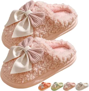 Bow Slippers Women's Cute Soft Cozy Fuzzy Slippers Bow Tie Comfy Winter House Warm Slippers Shoes Indoor Non Slip Home Slippers Ladies Bedroom Fluffy Slipper