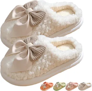 Bow Slippers Women's Cute Soft Cozy Fuzzy Slippers Bow Tie Comfy Winter House Warm Slippers Shoes Indoor Non Slip Home Slippers Ladies Bedroom Fluffy Slipper