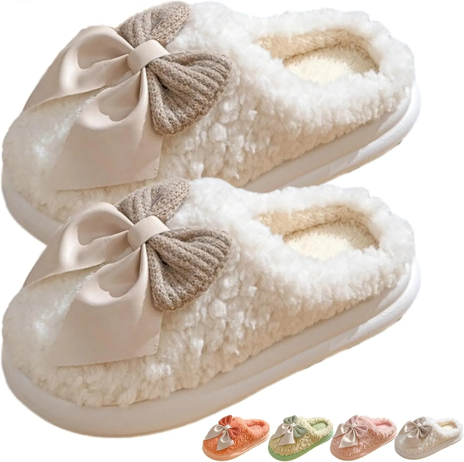Bow Slippers Women's Cute Soft Cozy Fuzzy Slippers Bow Tie Comfy Winter House Warm Slippers Shoes Indoor Non Slip Home Slippers Ladies Bedroom Fluffy Slipper