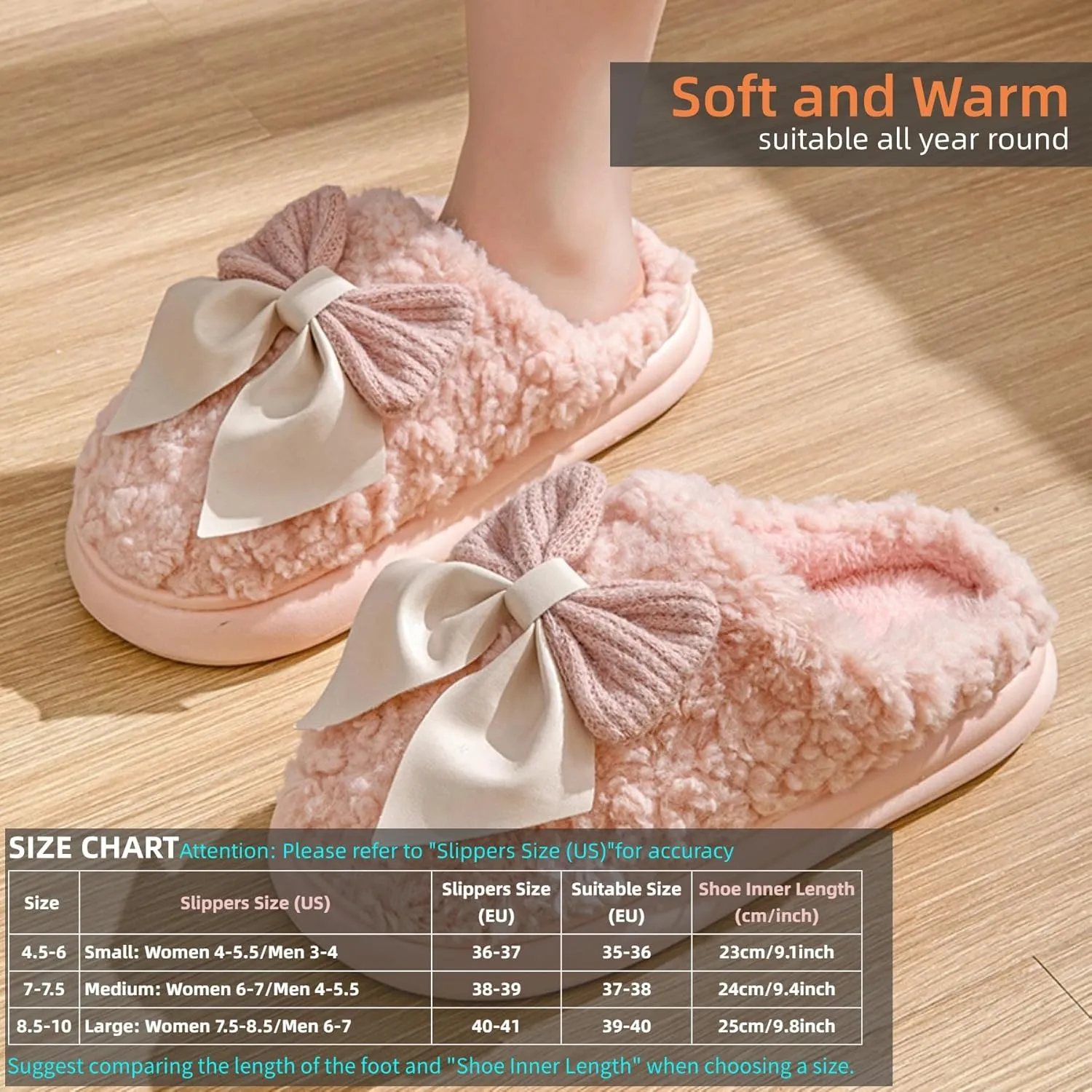 Bow Slippers Women's Cute Soft Cozy Fuzzy Slippers Bow Tie Comfy Winter House Warm Slippers Shoes Indoor Non Slip Home Slippers Ladies Bedroom Fluffy Slipper