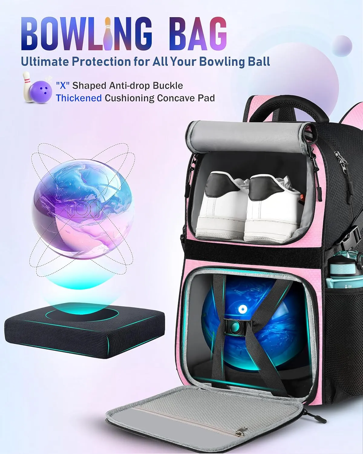 Bowling Ball Bag - Single Ball Backpack with Shoe Bag, Up to Size 16, Padded Holder