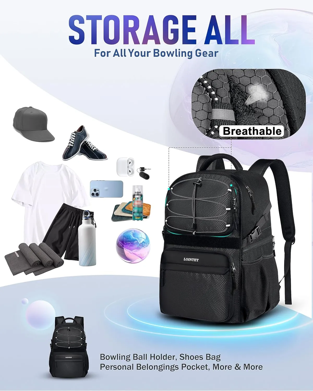 Bowling Ball Bag - Single Ball Backpack with Shoe Bag, Up to Size 16, Padded Holder