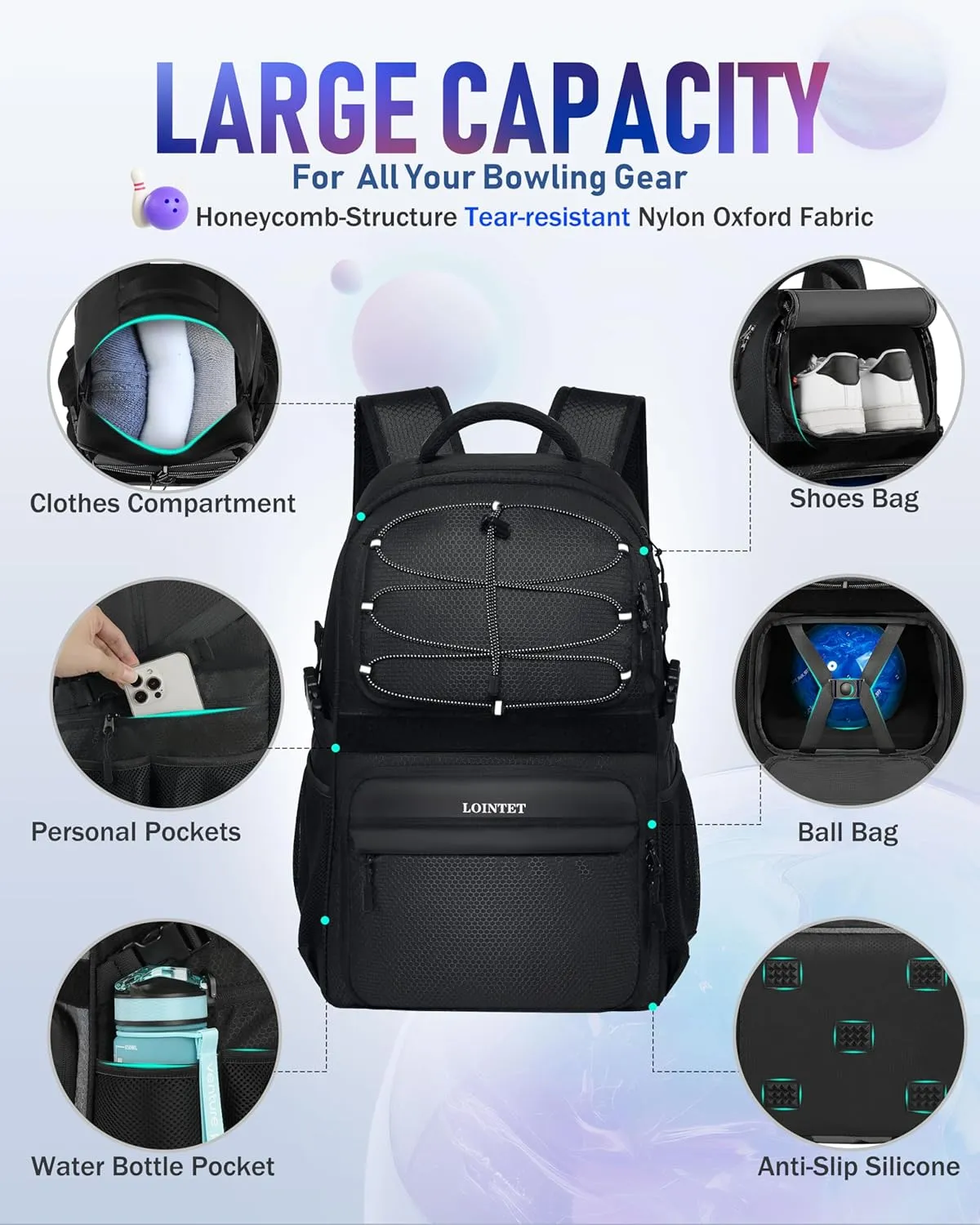 Bowling Ball Bag - Single Ball Backpack with Shoe Bag, Up to Size 16, Padded Holder