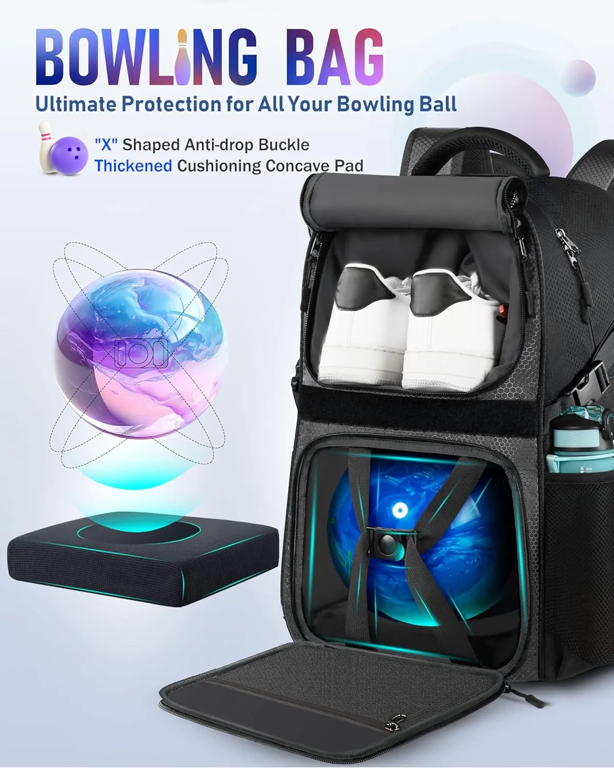 Bowling Ball Bag - Single Ball Backpack with Shoe Bag, Up to Size 16, Padded Holder