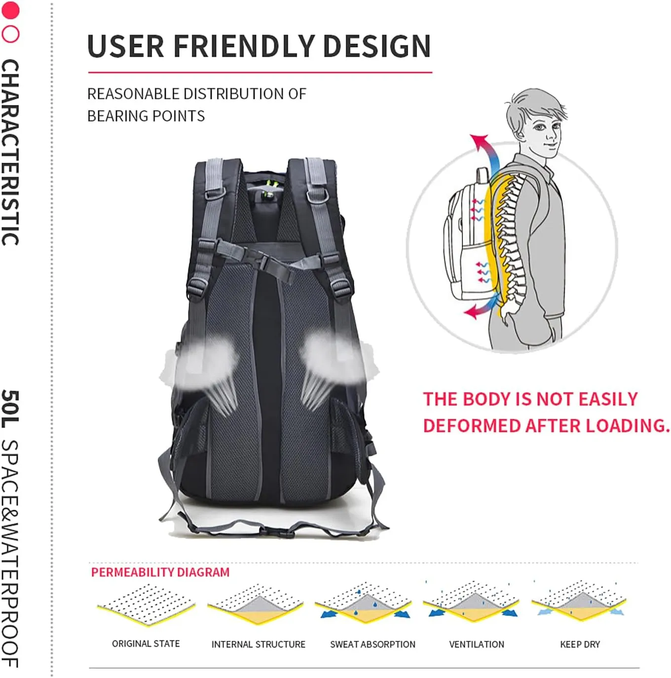 Bseash 50L Hiking Backpack, Water Resistant Lightweight Outdoor Sport Daypack Travel Bag for Camping Climbing Skiing Cycling (Red - No Shoe Compartment)