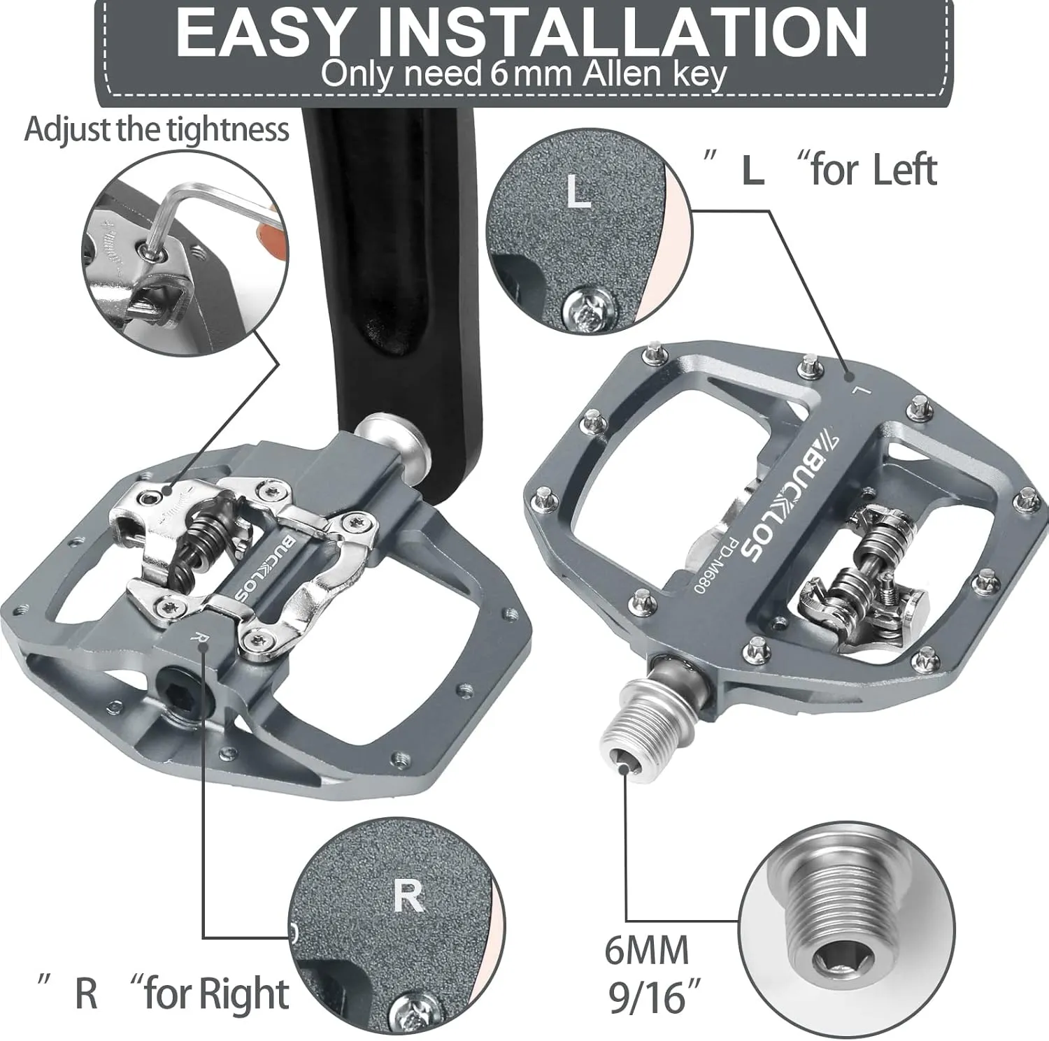 BUCKLOS SPD Pedals PD-M680 Mountain Bike Clip in SPD Flat Combo Dual Sided Pedals - Road Bike MTB Clipless Sealed Bearing Bicycle Clips Pedal Compatible with Shimano SPD Cleats (Black…