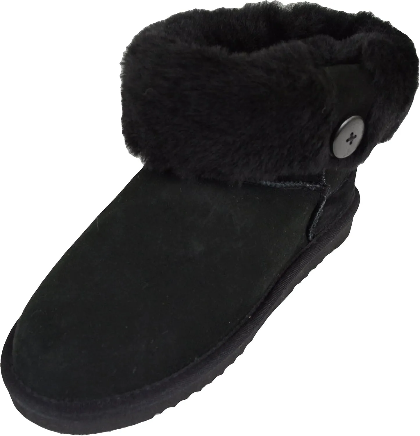 Bushga Ladies Genuine Sheepskin Lower Calf Roll Down Short Boot with Button Design Black - 7 US