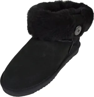 Bushga Ladies Genuine Sheepskin Lower Calf Roll Down Short Boot with Button Design Black - 7 US