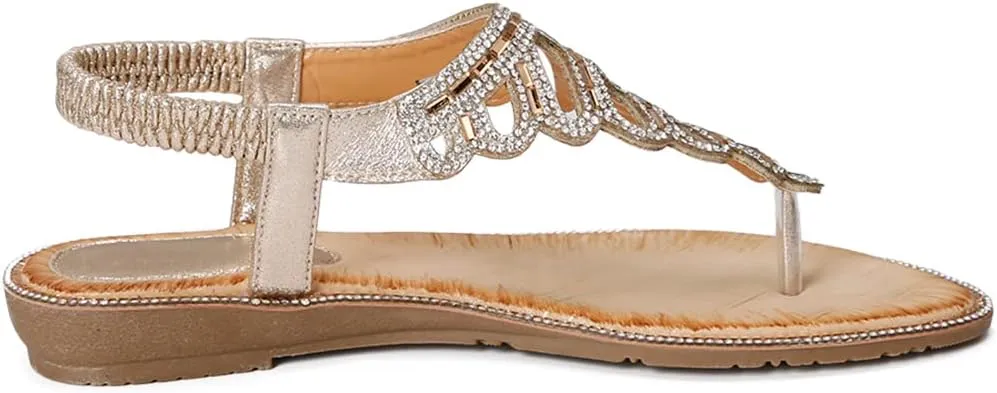 CARETOO Women's Bohemia Flat Sandals, Ladies Summer Beach T-Strap Flip Flop Sparkling Rhinestone Walking Shoes Casual