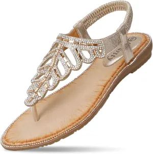 CARETOO Women's Bohemia Flat Sandals, Ladies Summer Beach T-Strap Flip Flop Sparkling Rhinestone Walking Shoes Casual