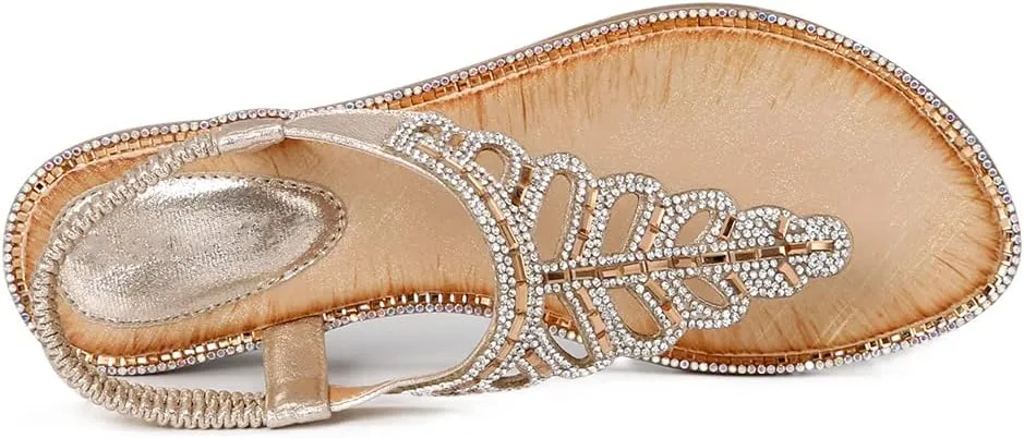 CARETOO Women's Bohemia Flat Sandals, Ladies Summer Beach T-Strap Flip Flop Sparkling Rhinestone Walking Shoes Casual