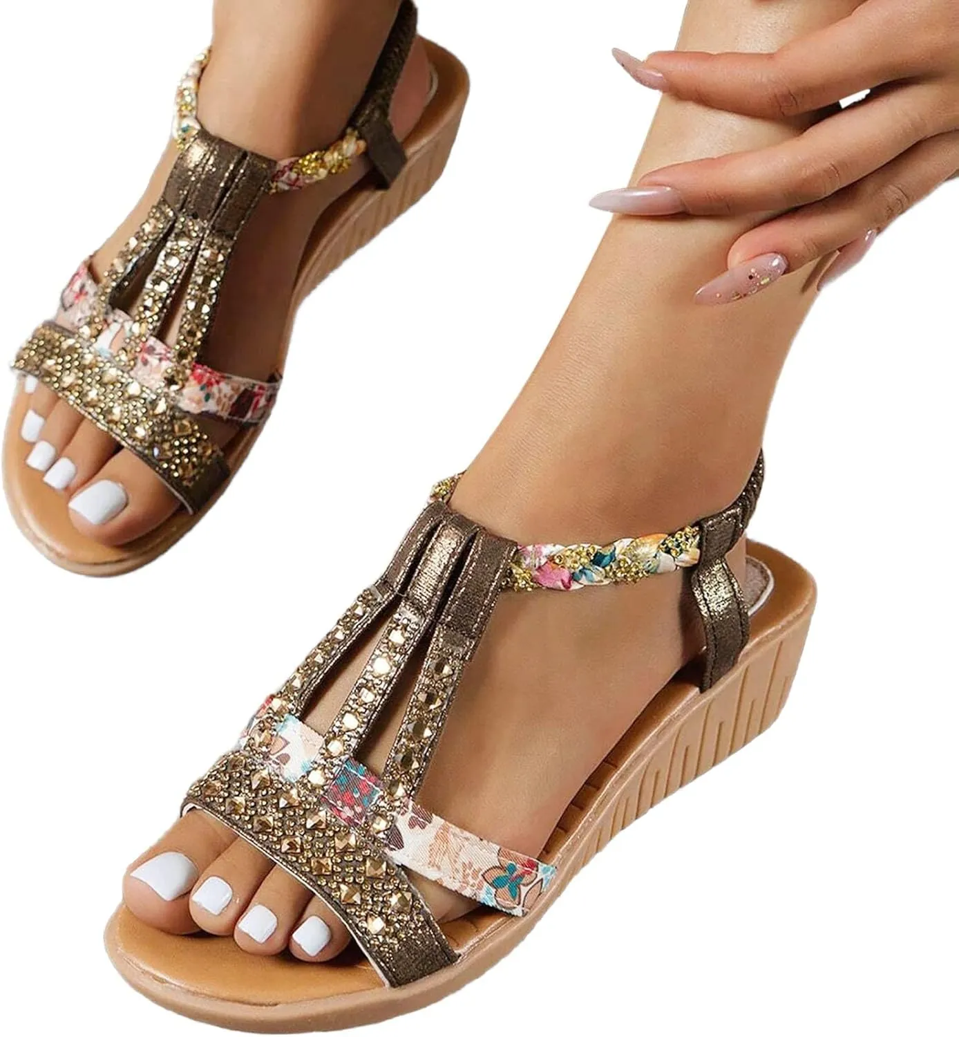 Casual Bohemian Beach Sandals Orthopedic Wedge Sandals for Women Ankle Strap Flip Flops Open Toe Jeweled Flat Sandals