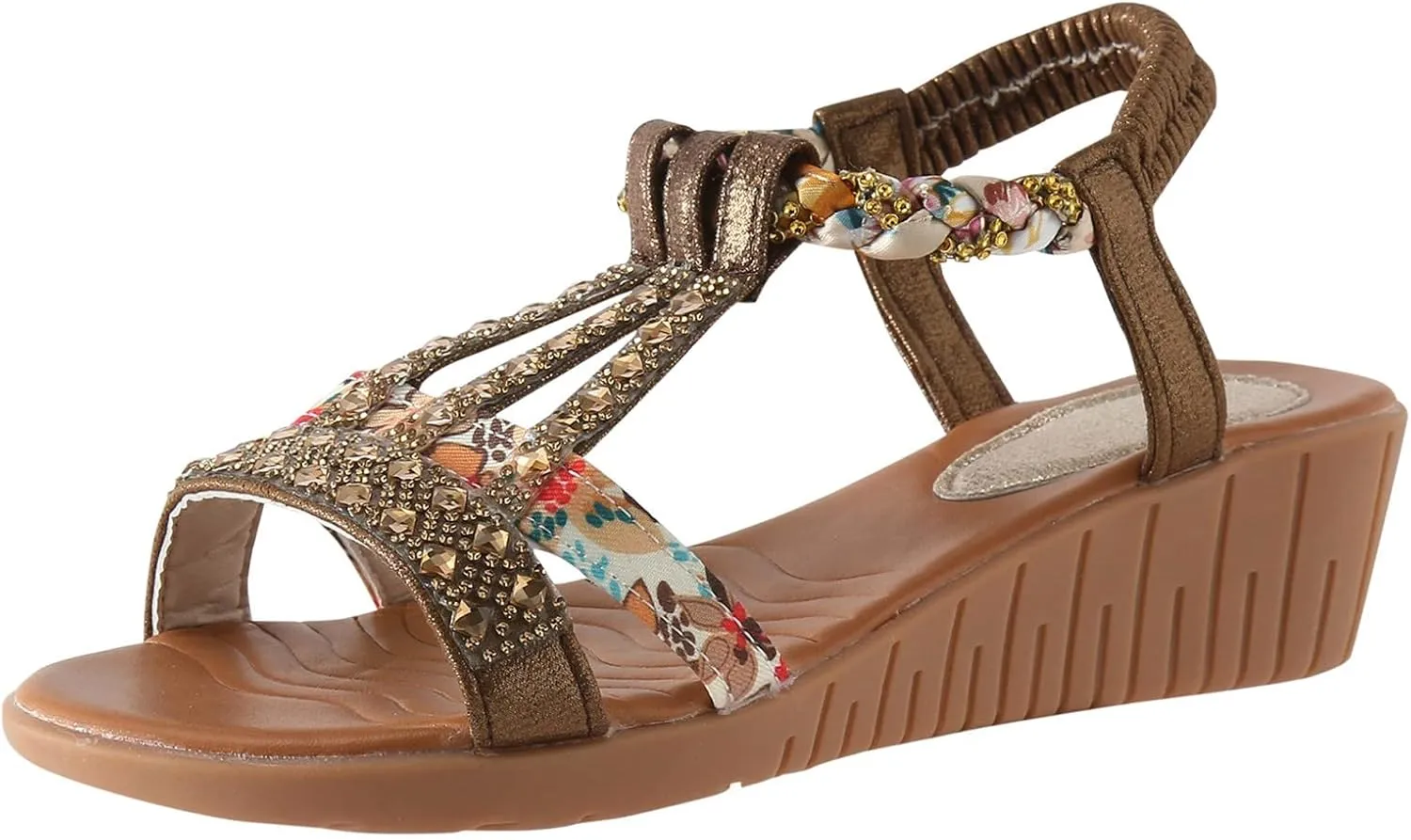 Casual Bohemian Beach Sandals Orthopedic Wedge Sandals for Women Ankle Strap Flip Flops Open Toe Jeweled Flat Sandals