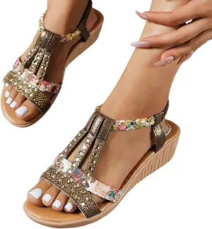 Casual Bohemian Beach Sandals Orthopedic Wedge Sandals for Women Ankle Strap Flip Flops Open Toe Jeweled Flat Sandals