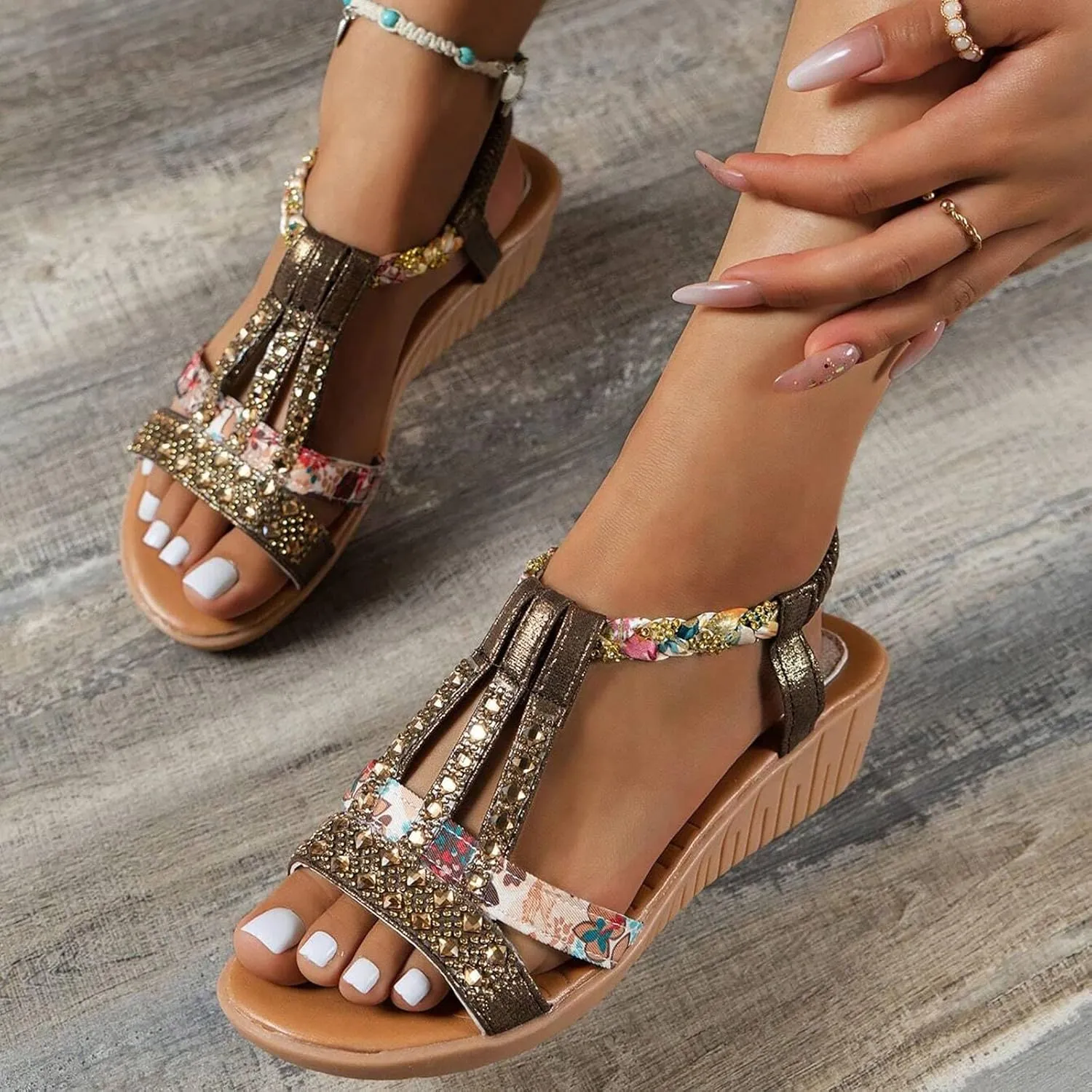 Casual Bohemian Beach Sandals Orthopedic Wedge Sandals for Women Ankle Strap Flip Flops Open Toe Jeweled Flat Sandals