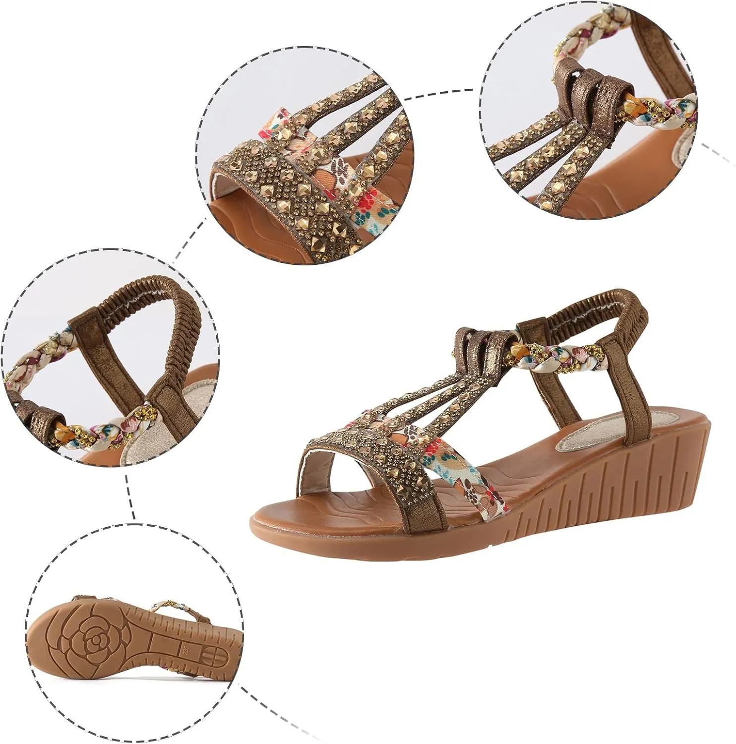 Casual Bohemian Beach Sandals Orthopedic Wedge Sandals for Women Ankle Strap Flip Flops Open Toe Jeweled Flat Sandals