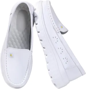 Casual Breathable Hollow White Slip On Soft Bottom Nursing Shoes for Women, Fashionable Air Cushion Non Tiring Feet Moccasins, Work Shoes Ideal for Nurse Healthcare Crews