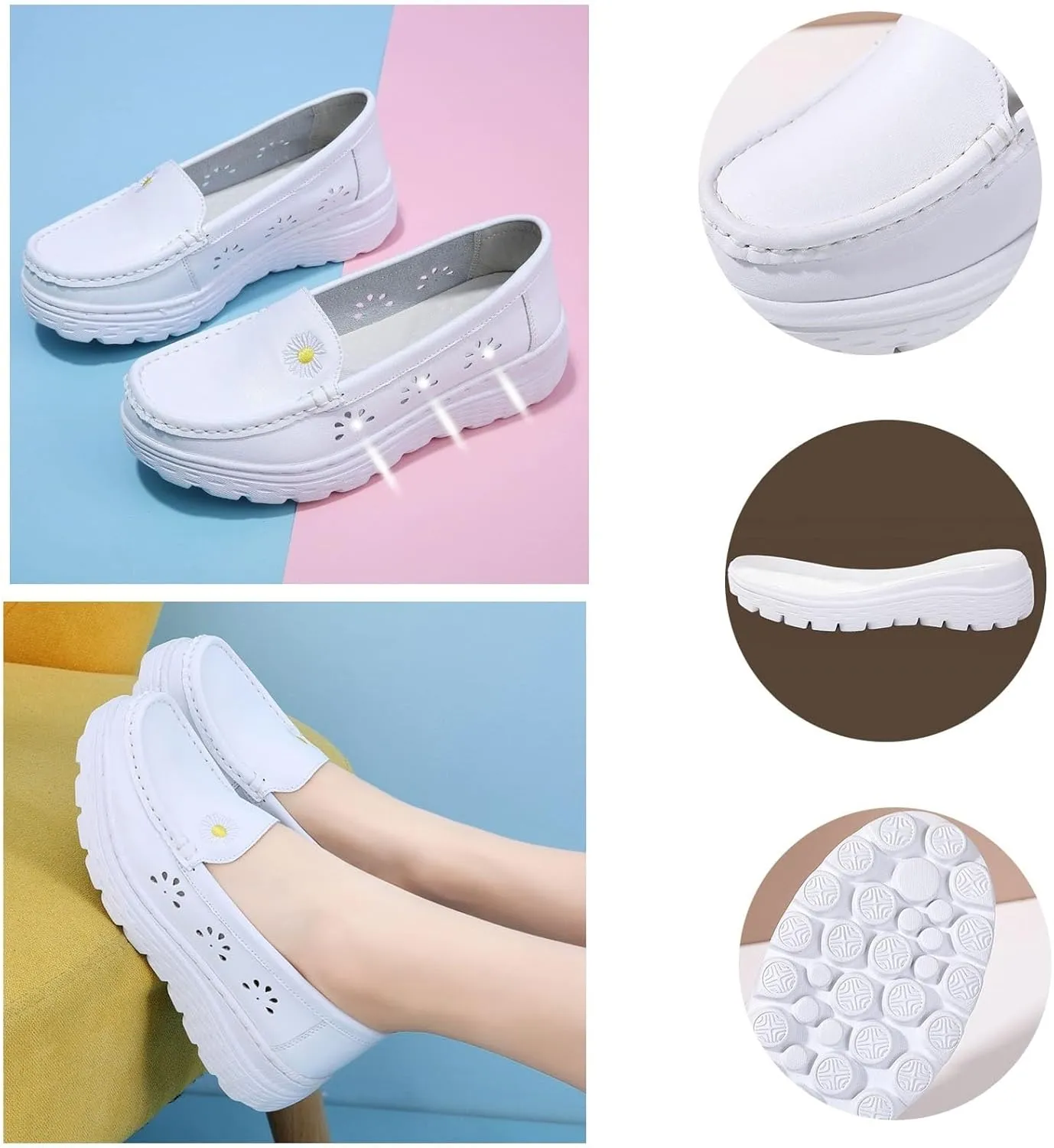 Casual Breathable Hollow White Slip On Soft Bottom Nursing Shoes for Women, Fashionable Air Cushion Non Tiring Feet Moccasins, Work Shoes Ideal for Nurse Healthcare Crews