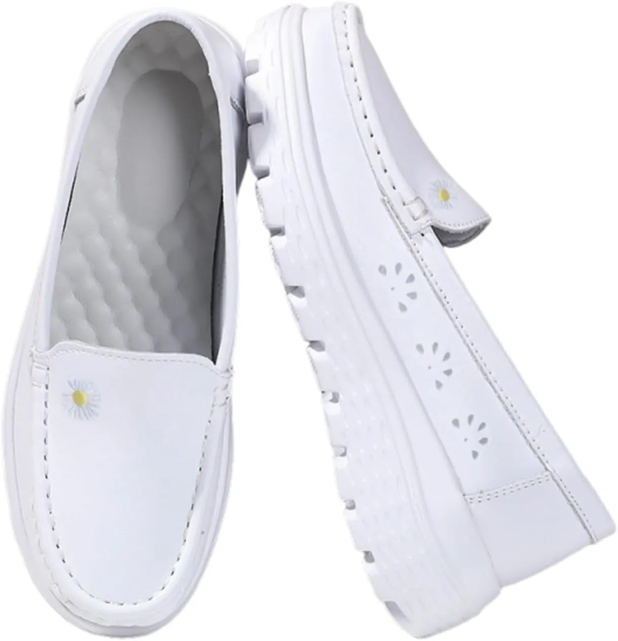Casual Breathable Hollow White Slip On Soft Bottom Nursing Shoes for Women, Fashionable Air Cushion Non Tiring Feet Moccasins, Work Shoes Ideal for Nurse Healthcare Crews