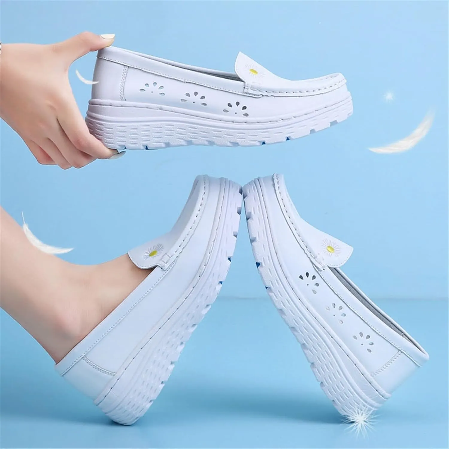 Casual Breathable Hollow White Slip On Soft Bottom Nursing Shoes for Women, Fashionable Air Cushion Non Tiring Feet Moccasins, Work Shoes Ideal for Nurse Healthcare Crews