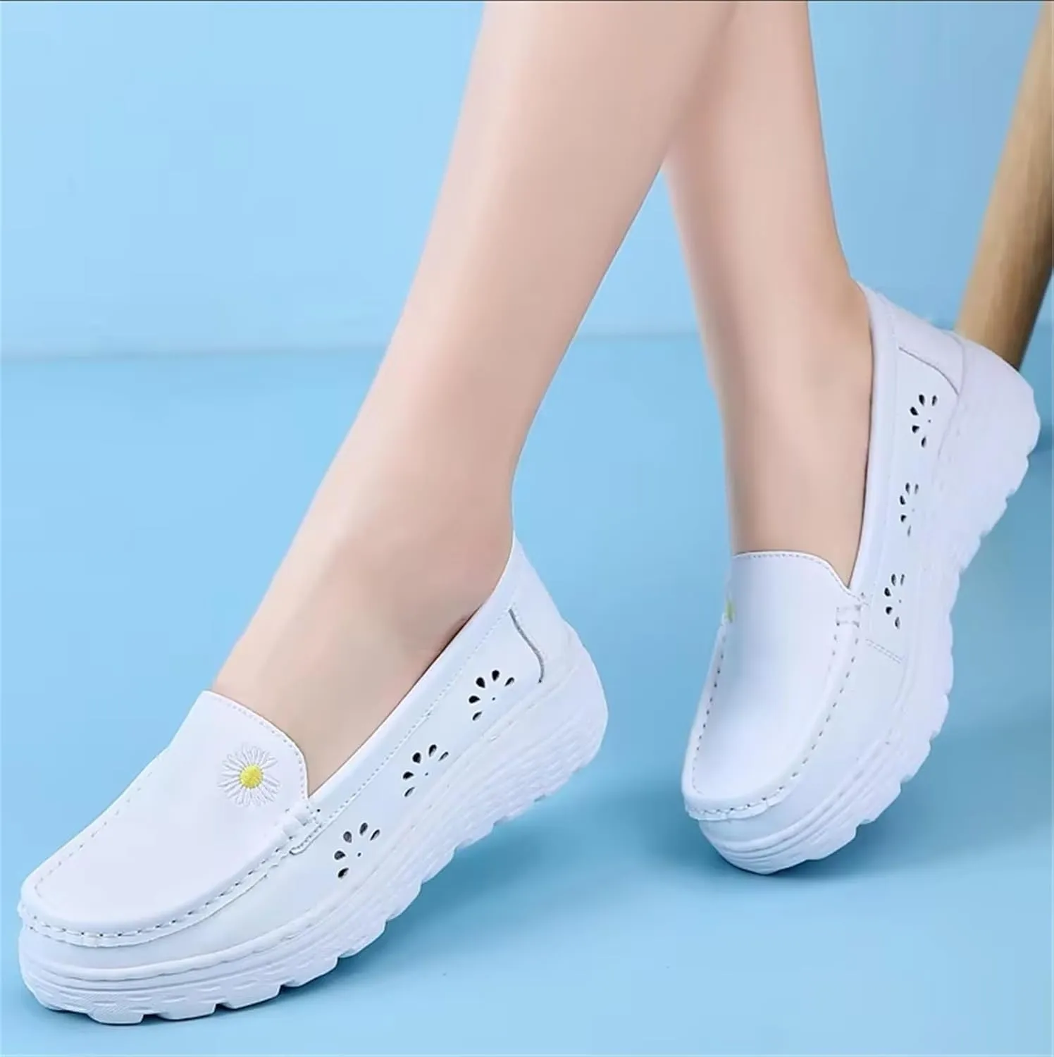 Casual Breathable Hollow White Slip On Soft Bottom Nursing Shoes for Women, Fashionable Air Cushion Non Tiring Feet Moccasins, Work Shoes Ideal for Nurse Healthcare Crews