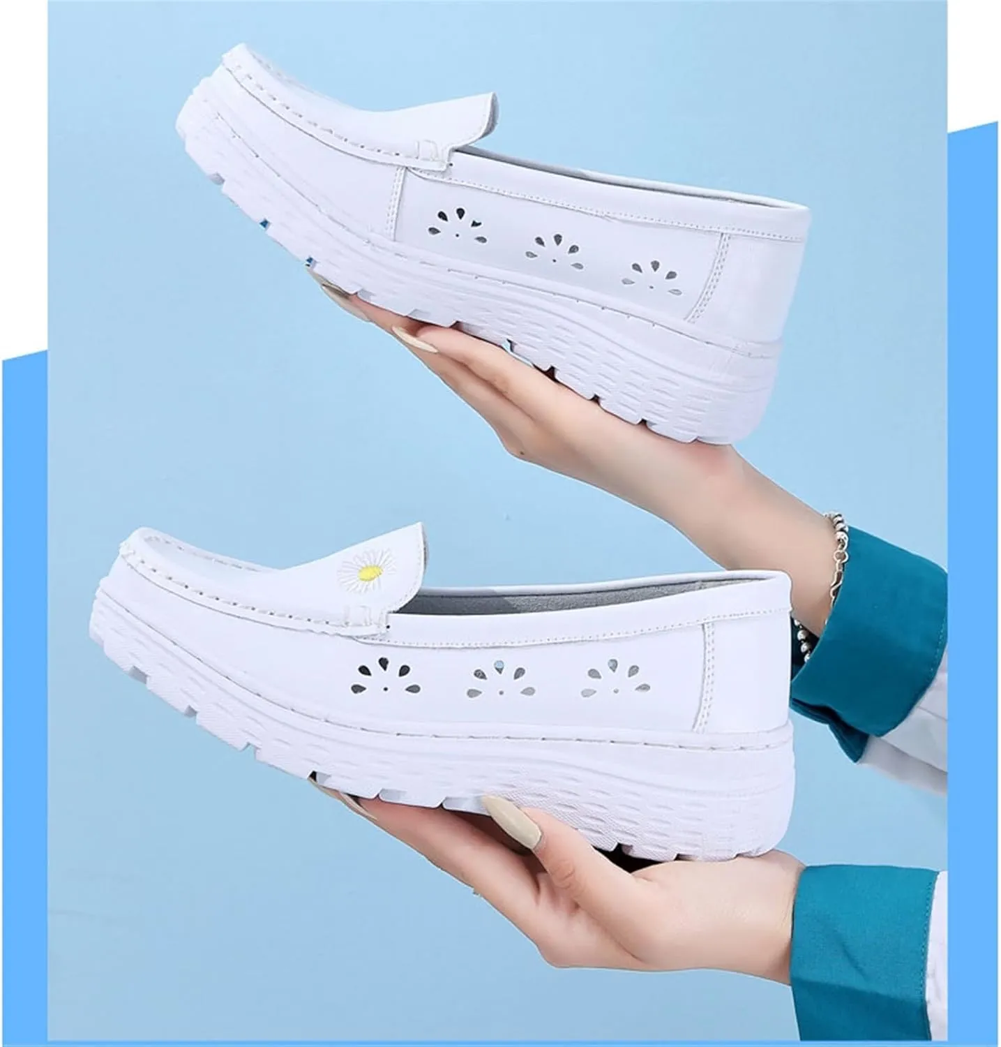 Casual Breathable Hollow White Slip On Soft Bottom Nursing Shoes for Women, Fashionable Air Cushion Non Tiring Feet Moccasins, Work Shoes Ideal for Nurse Healthcare Crews