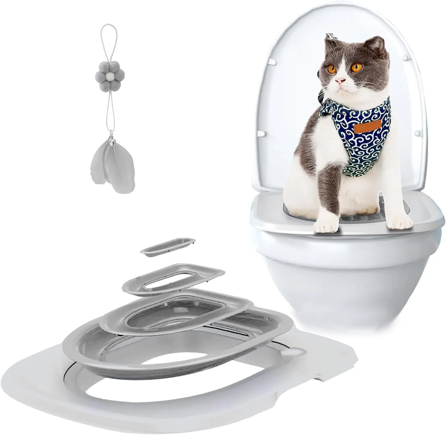 Cat Toilet Training Kit,Cat Toilet Training Systems,Reusable Plastic Trainer for Pet Cleaning with 1 Replaceable Feather Toy,Litter Boxes(White Tray,1 Gray Inner Support)