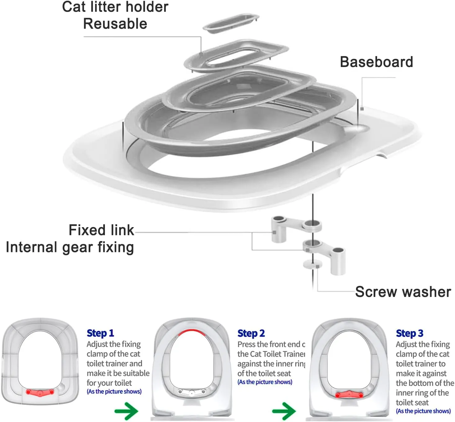 Cat Toilet Training Kit,Cat Toilet Training Systems,Reusable Plastic Trainer for Pet Cleaning with 1 Replaceable Feather Toy,Litter Boxes(White Tray,1 Gray Inner Support)