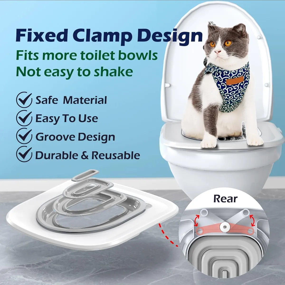 Cat Toilet Training Kit,Cat Toilet Training Systems,Reusable Plastic Trainer for Pet Cleaning with 1 Replaceable Feather Toy,Litter Boxes(White Tray,1 Gray Inner Support)