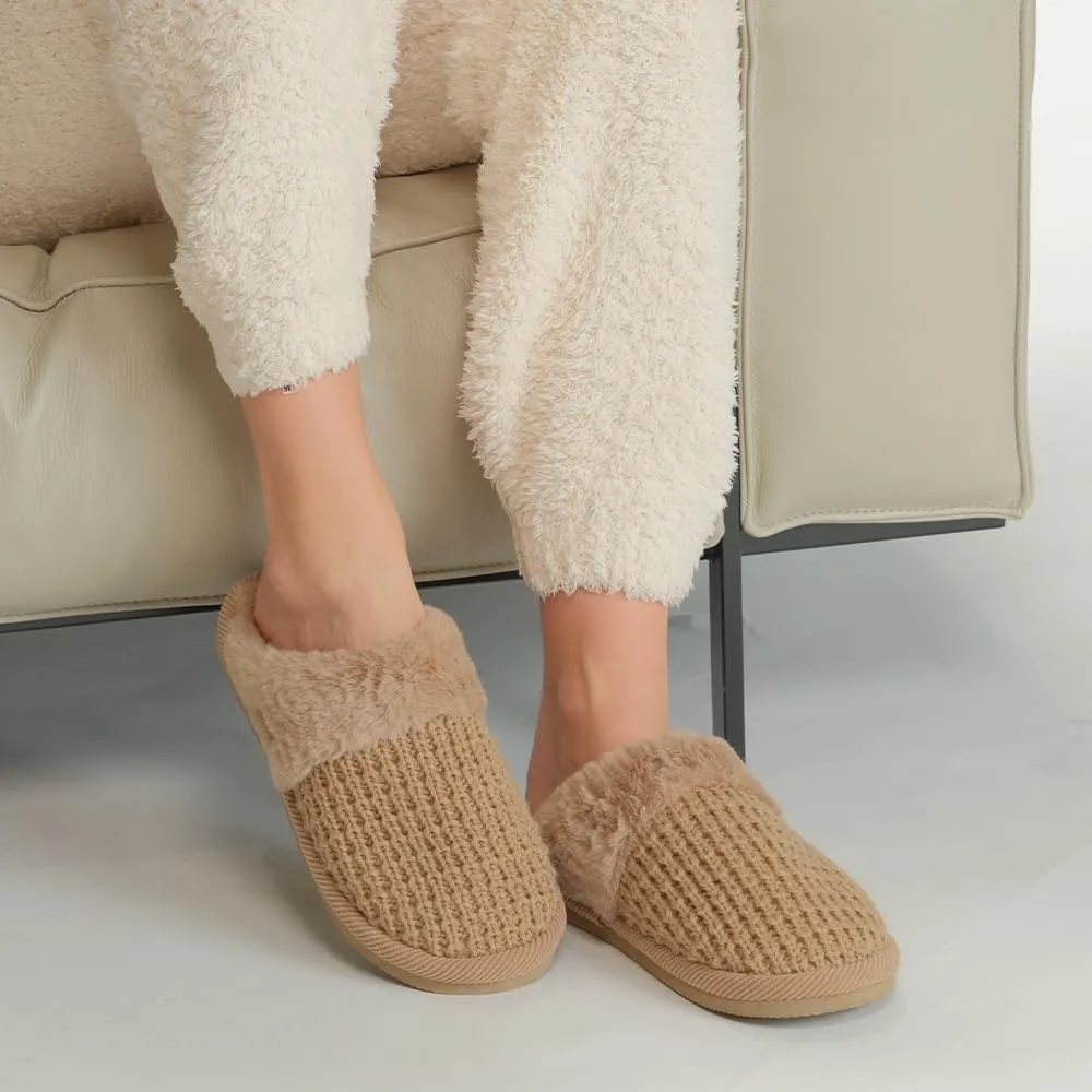 C.C Pattern Knitted Slip-On Slippers With Faux Fur Lining Indoor-Outdoor House For Women