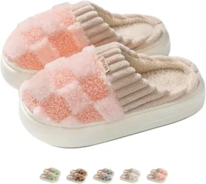 Checkered Slippers for Women Men Indoor Comfy Plaid House Slides Shoes Checkerboard Fuzzy Plush Winter Warm Slippers Slip On Bedroom Slippers Cozy Non-Slip Home Slippers