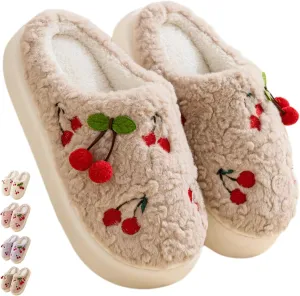 Cherry Slippers for Women Indoor Comfy Winter Warm House Slides Shoes Cute Womens Slippers Fuzzy Plush Slippers Soft Thick Soled Slippers Non Slip Cozy Home Bedroom Slippers