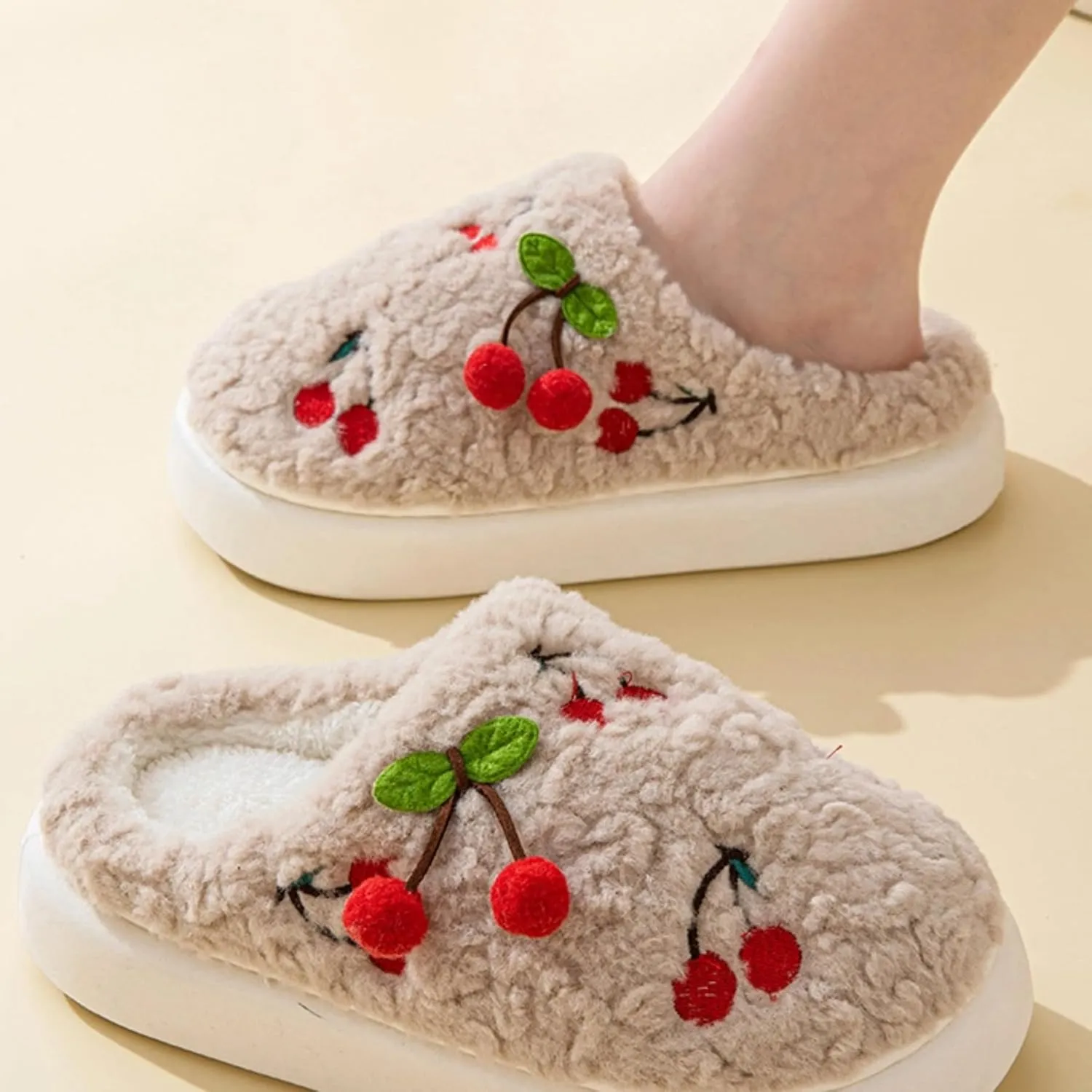 Cherry Slippers for Women Indoor Comfy Winter Warm House Slides Shoes Cute Womens Slippers Fuzzy Plush Slippers Soft Thick Soled Slippers Non Slip Cozy Home Bedroom Slippers