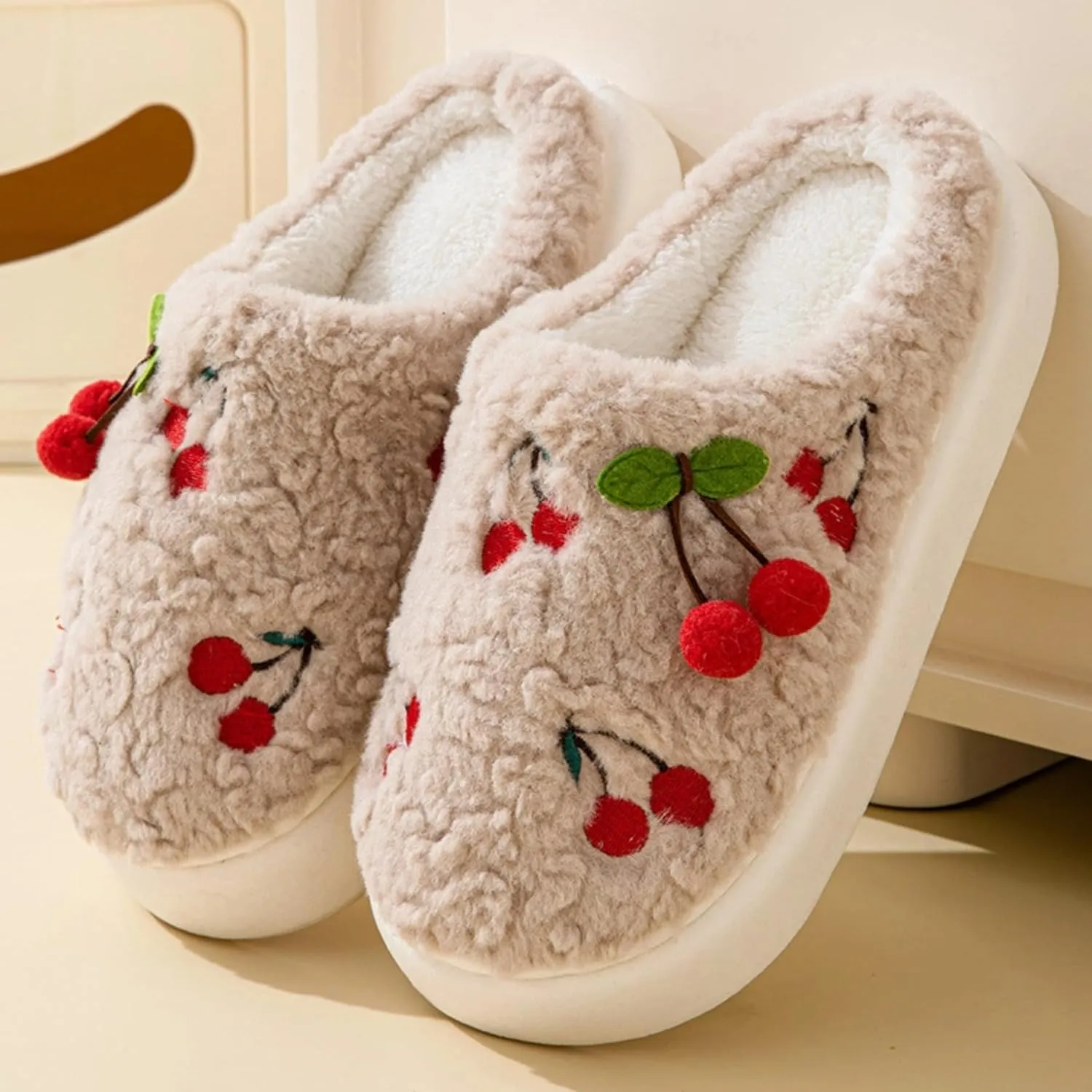 Cherry Slippers for Women Indoor Comfy Winter Warm House Slides Shoes Cute Womens Slippers Fuzzy Plush Slippers Soft Thick Soled Slippers Non Slip Cozy Home Bedroom Slippers