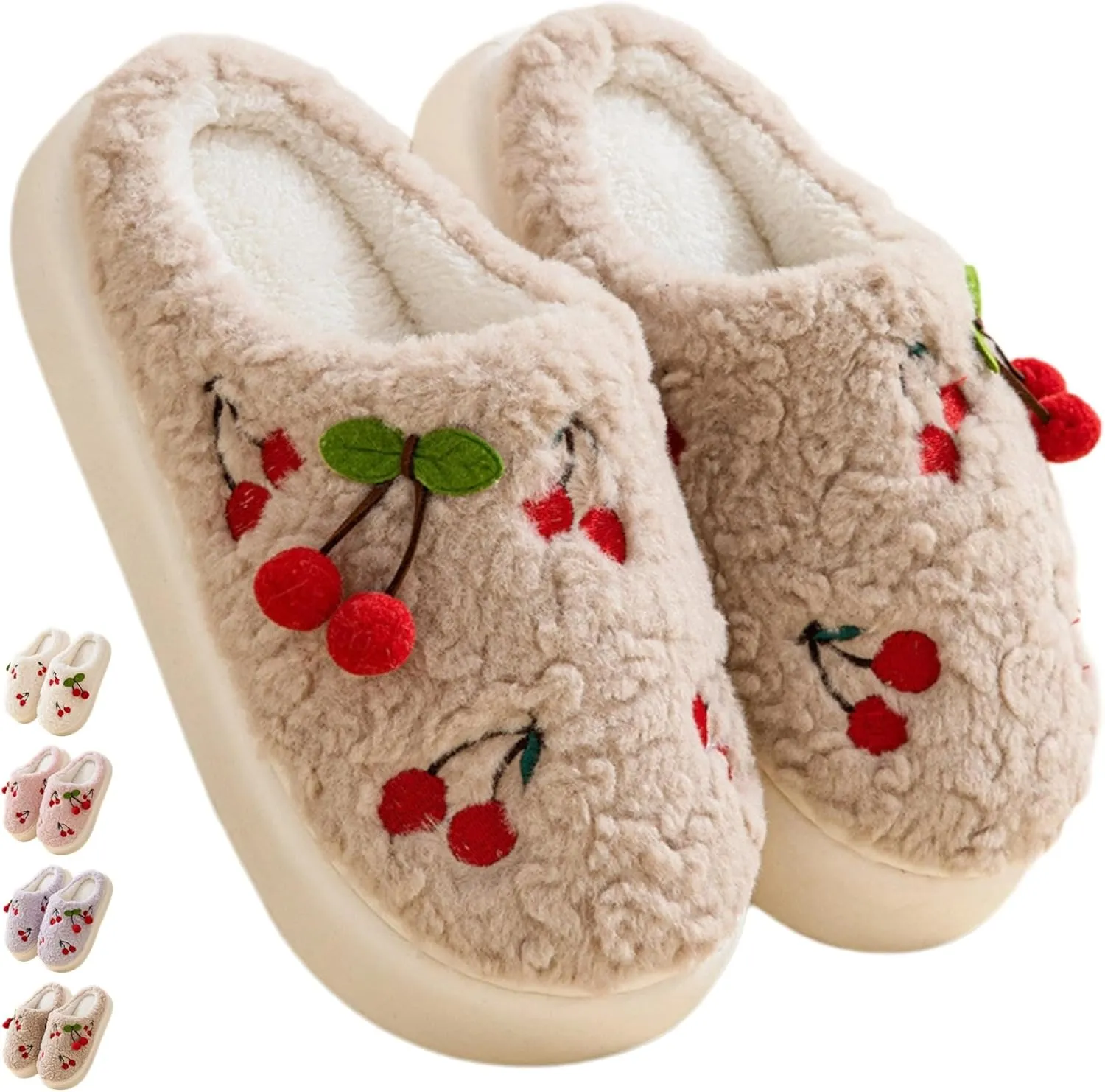 Cherry Slippers for Women Indoor Comfy Winter Warm House Slides Shoes Cute Womens Slippers Fuzzy Plush Slippers Soft Thick Soled Slippers Non Slip Cozy Home Bedroom Slippers