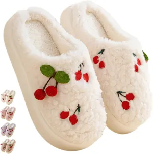 Cherry Slippers for Women Indoor Comfy Winter Warm House Slides Shoes Cute Womens Slippers Fuzzy Plush Slippers Soft Thick Soled Slippers Non Slip Cozy Home Bedroom Slippers