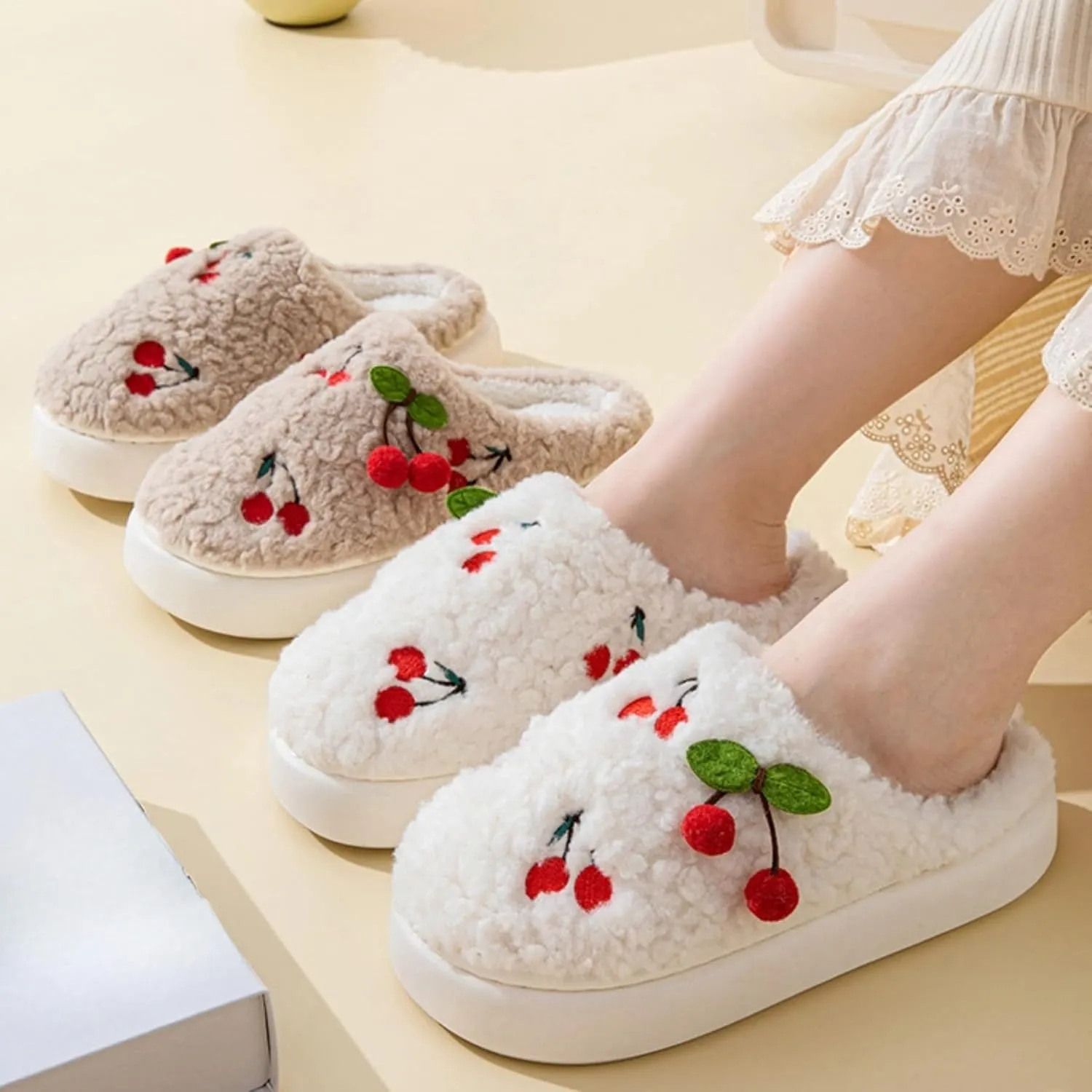 Cherry Slippers for Women Indoor Comfy Winter Warm House Slides Shoes Cute Womens Slippers Fuzzy Plush Slippers Soft Thick Soled Slippers Non Slip Cozy Home Bedroom Slippers