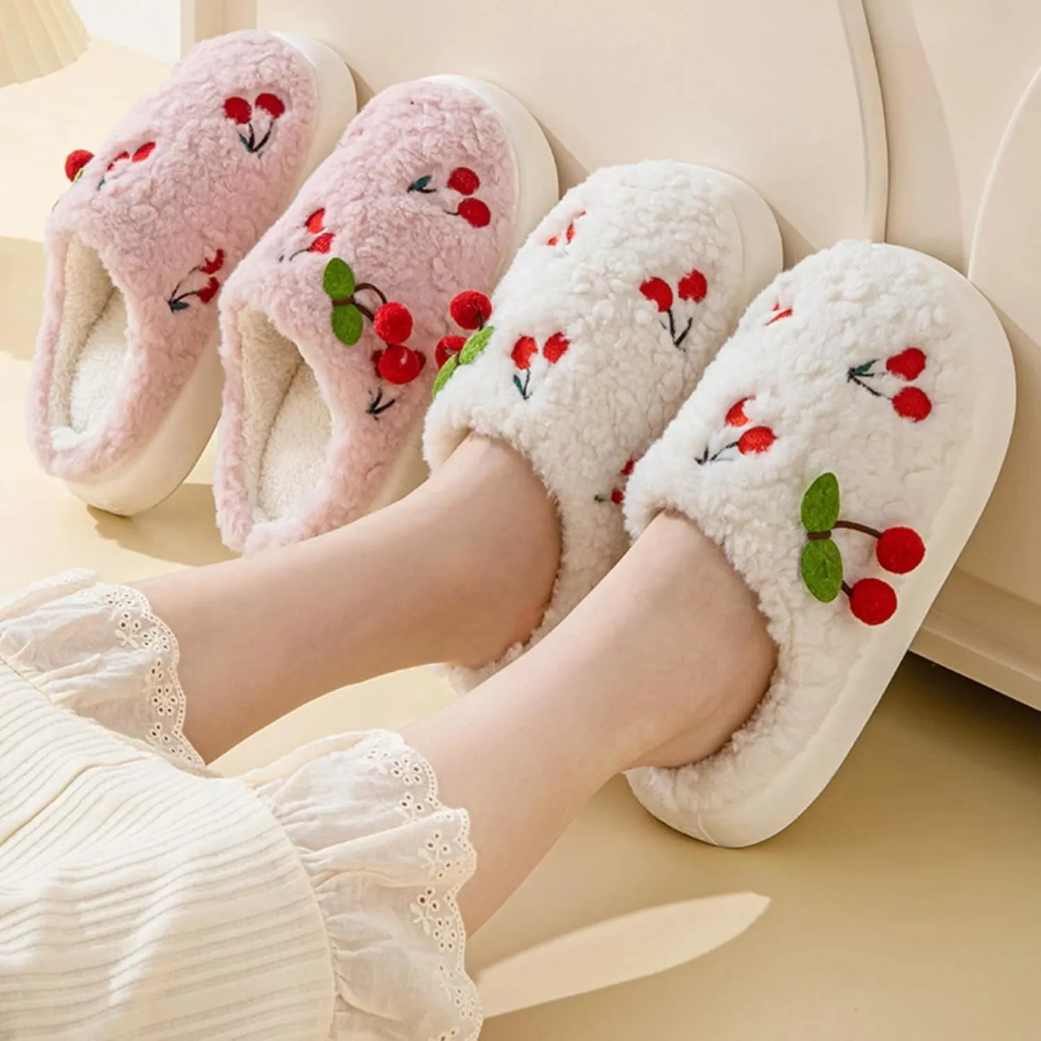 Cherry Slippers for Women Indoor Comfy Winter Warm House Slides Shoes Cute Womens Slippers Fuzzy Plush Slippers Soft Thick Soled Slippers Non Slip Cozy Home Bedroom Slippers