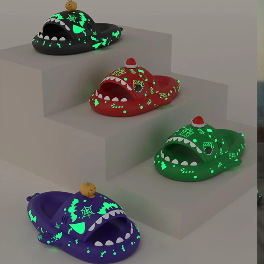 Christmas Halloween Shark Slides,3D Cloud Cartoon Spooky Glow in the Dark Novelty Soft Open Toe Slippers