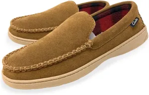 Clarks Men's Freddie Suede Moccasin House Shoe Indoor & Outdoor Slip Resistant Flexible Outsole Slipper (7 M US, Light Brown)