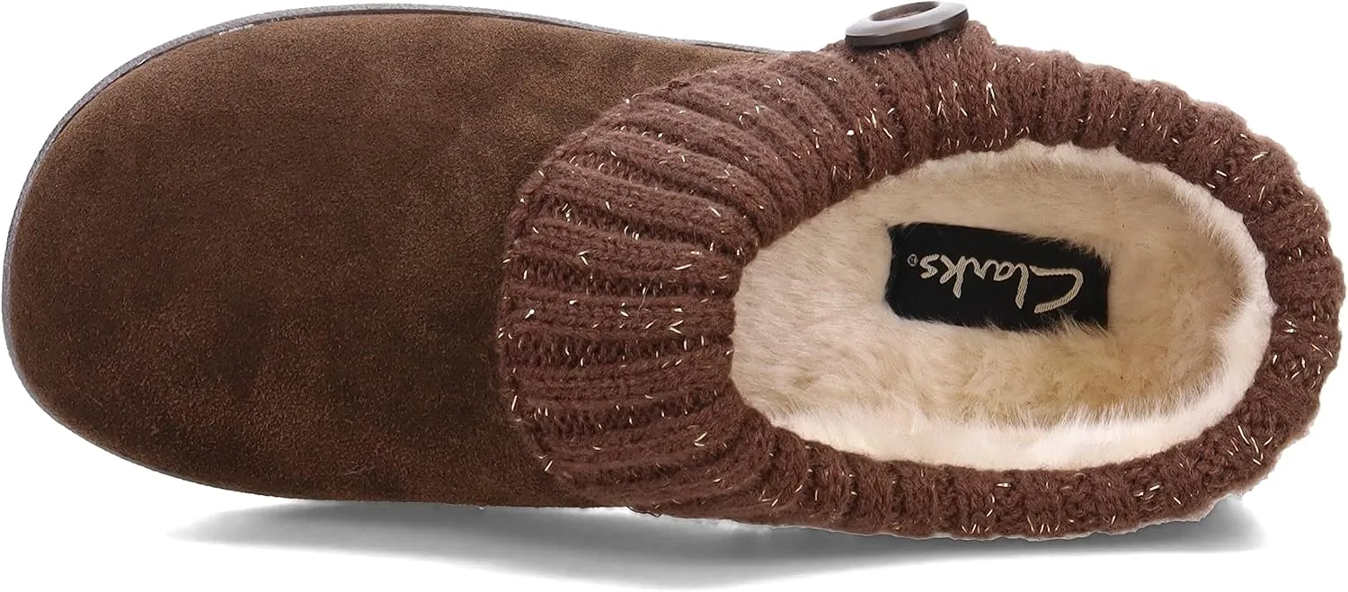 Clarks Womens Slipper Suede Leather Knitted Collar Clog Slippers - Plush Faux Fur Lining
