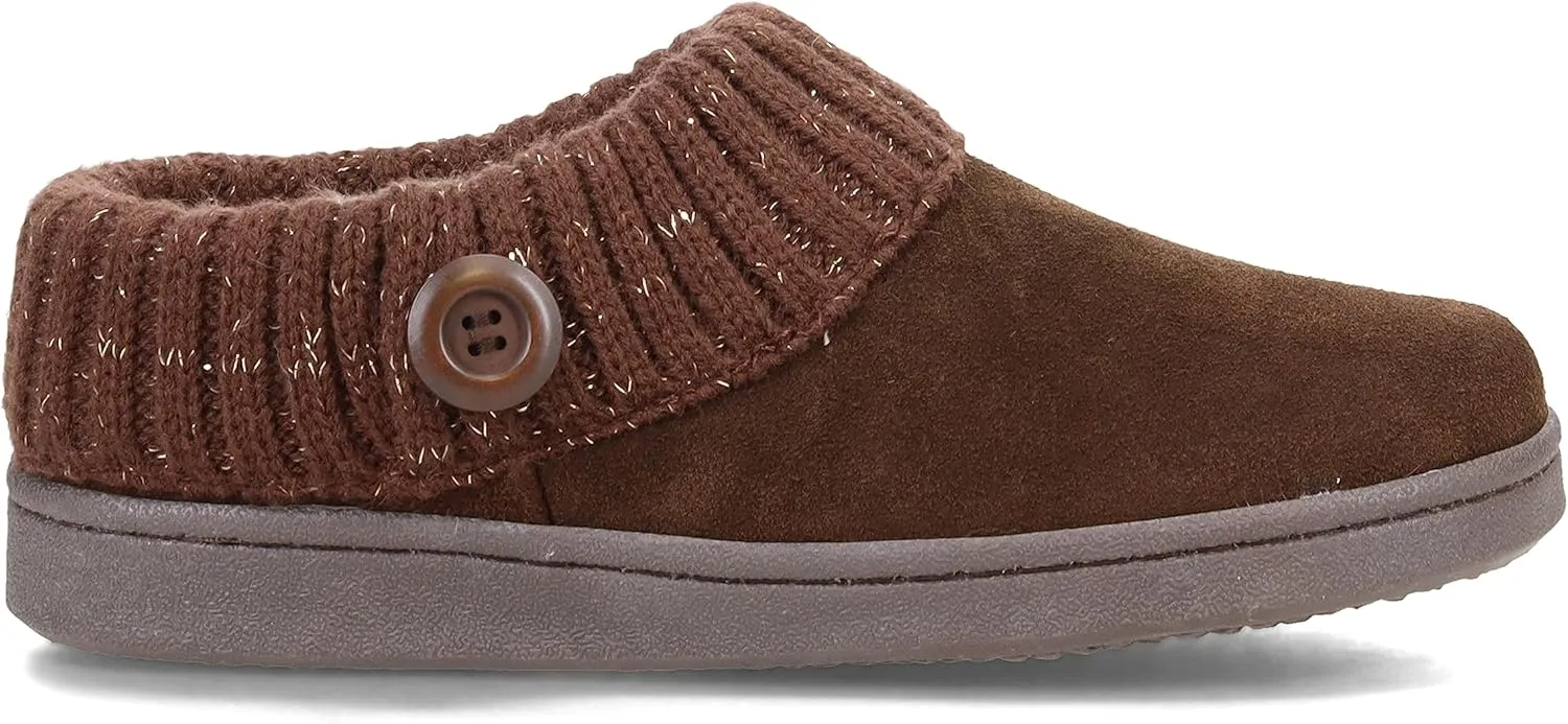 Clarks Womens Slipper Suede Leather Knitted Collar Clog Slippers - Plush Faux Fur Lining