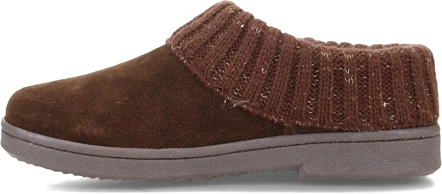 Clarks Womens Slipper Suede Leather Knitted Collar Clog Slippers - Plush Faux Fur Lining