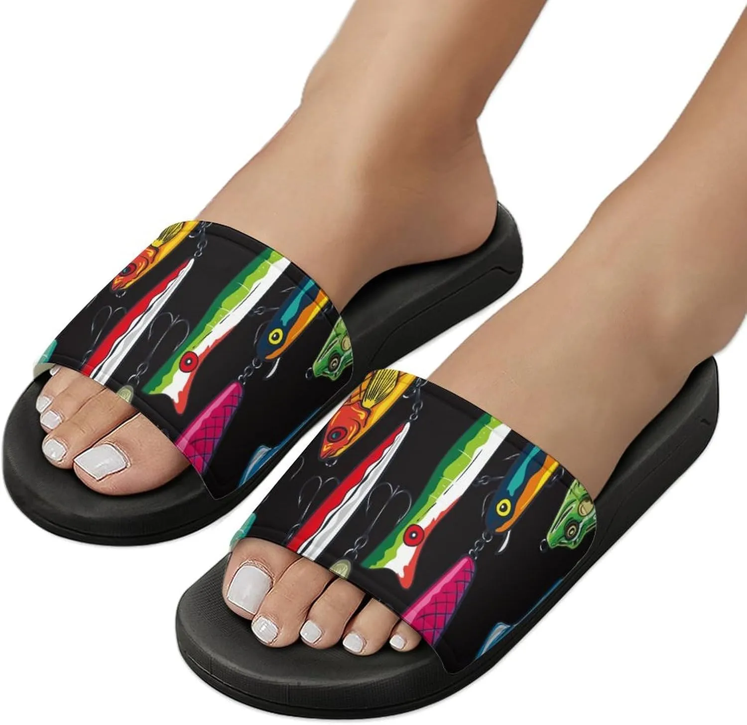 Colorful Fishing Bass Lures Pattern House Slippers for Women Men Shower Slides Bathroom Sandals