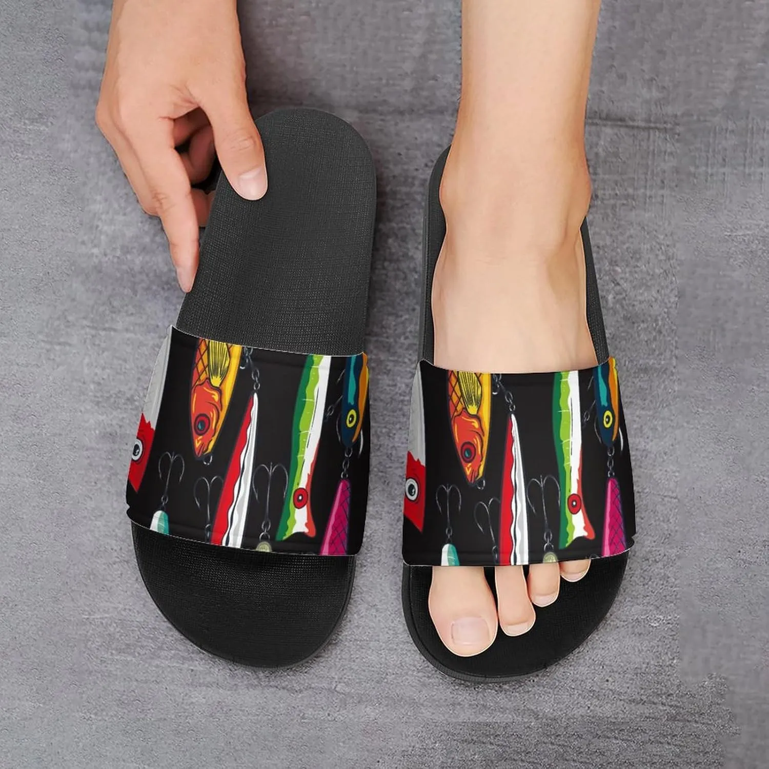 Colorful Fishing Bass Lures Pattern House Slippers for Women Men Shower Slides Bathroom Sandals