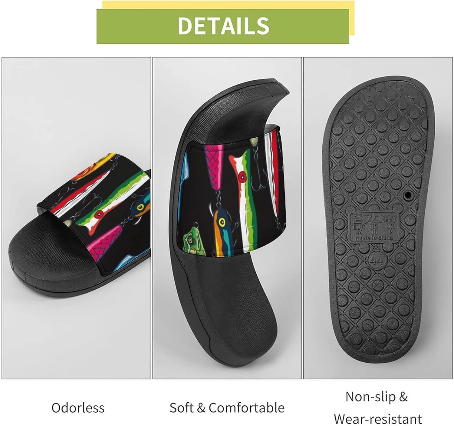 Colorful Fishing Bass Lures Pattern House Slippers for Women Men Shower Slides Bathroom Sandals