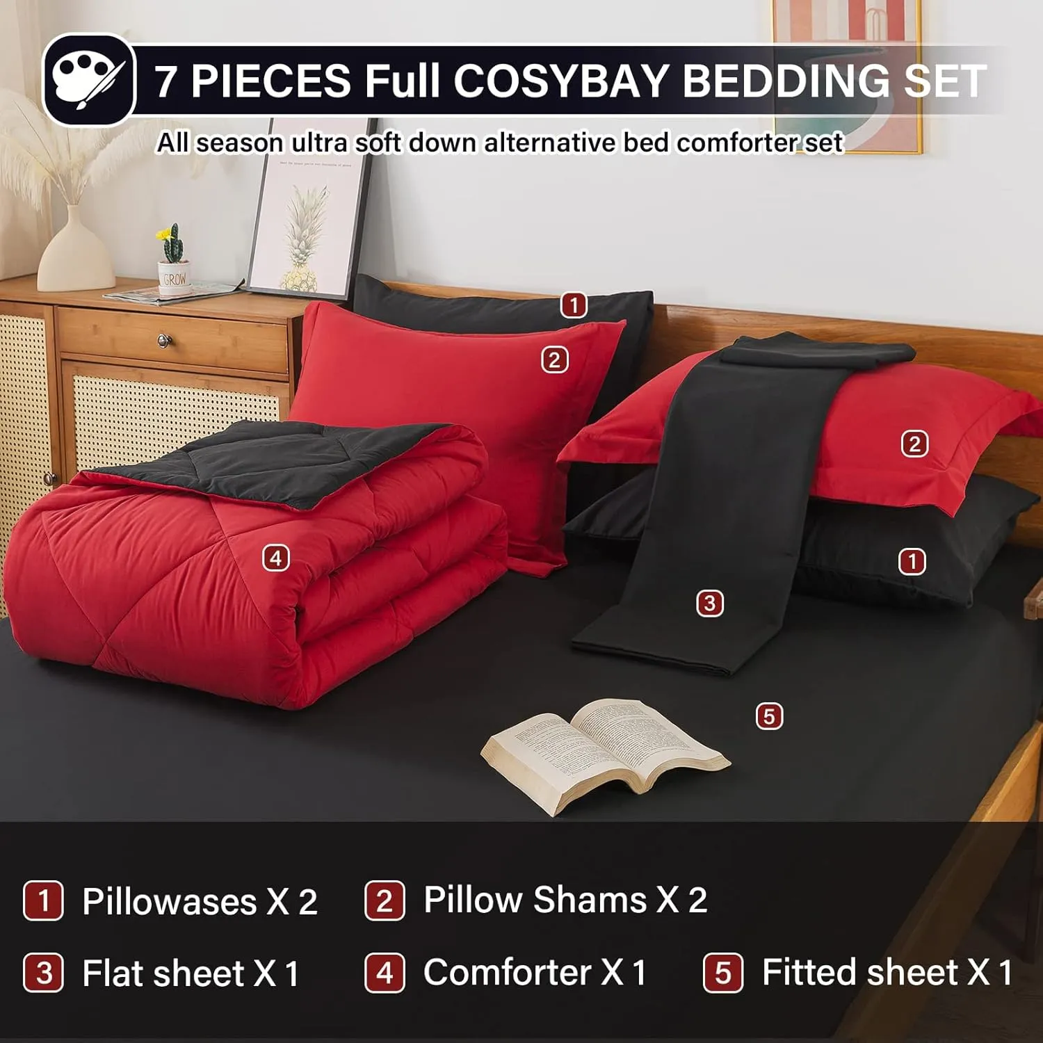 Cosybay Bed in a Bag Queen Reversible Comforter Sets 7pcs All Season Down Alternative Bedding Sets Red and Black with Comforter, Pillow Shams, Flat Sheet, Fitted Sheet and Pillowcase